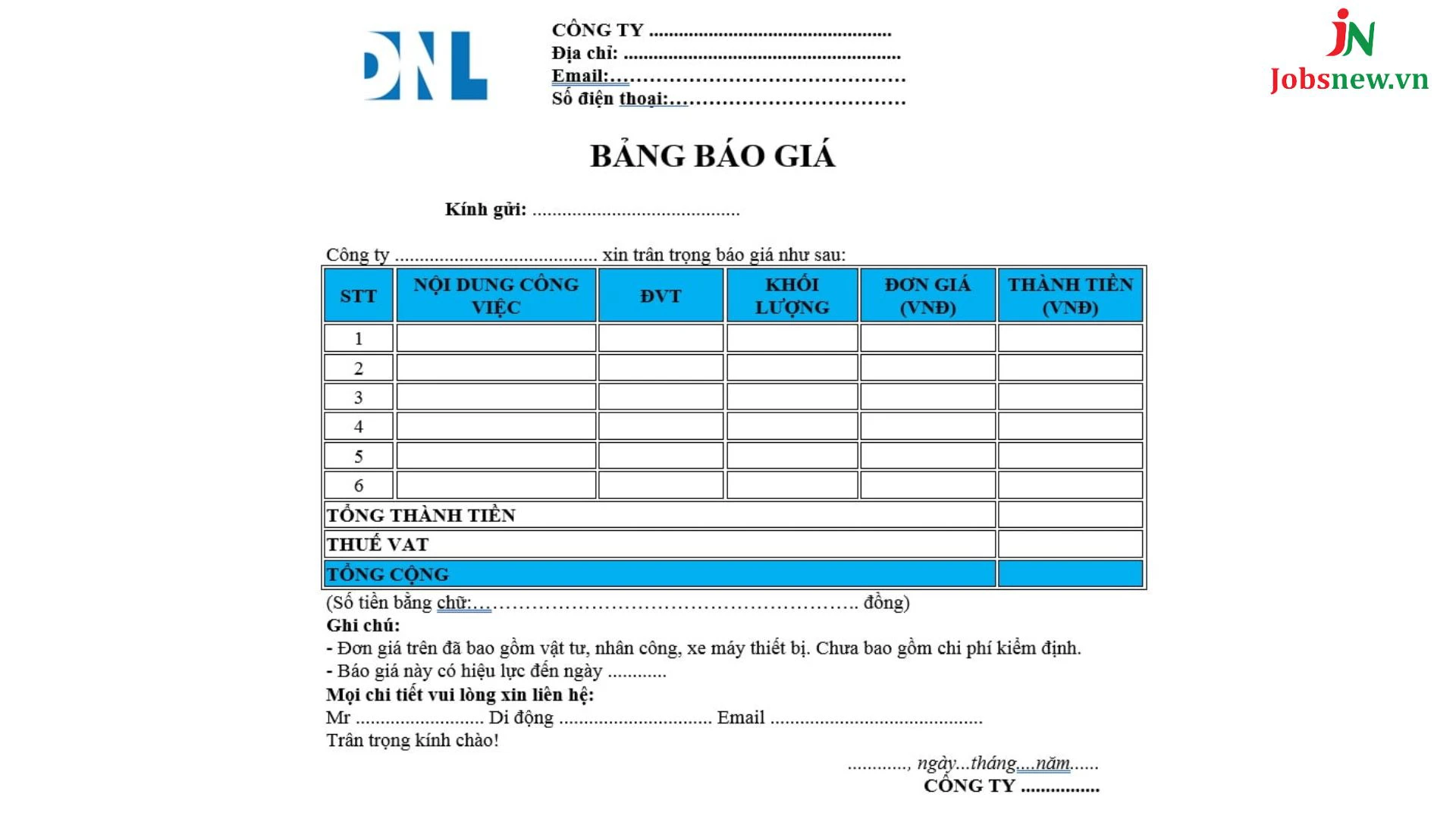 bảng báo giá