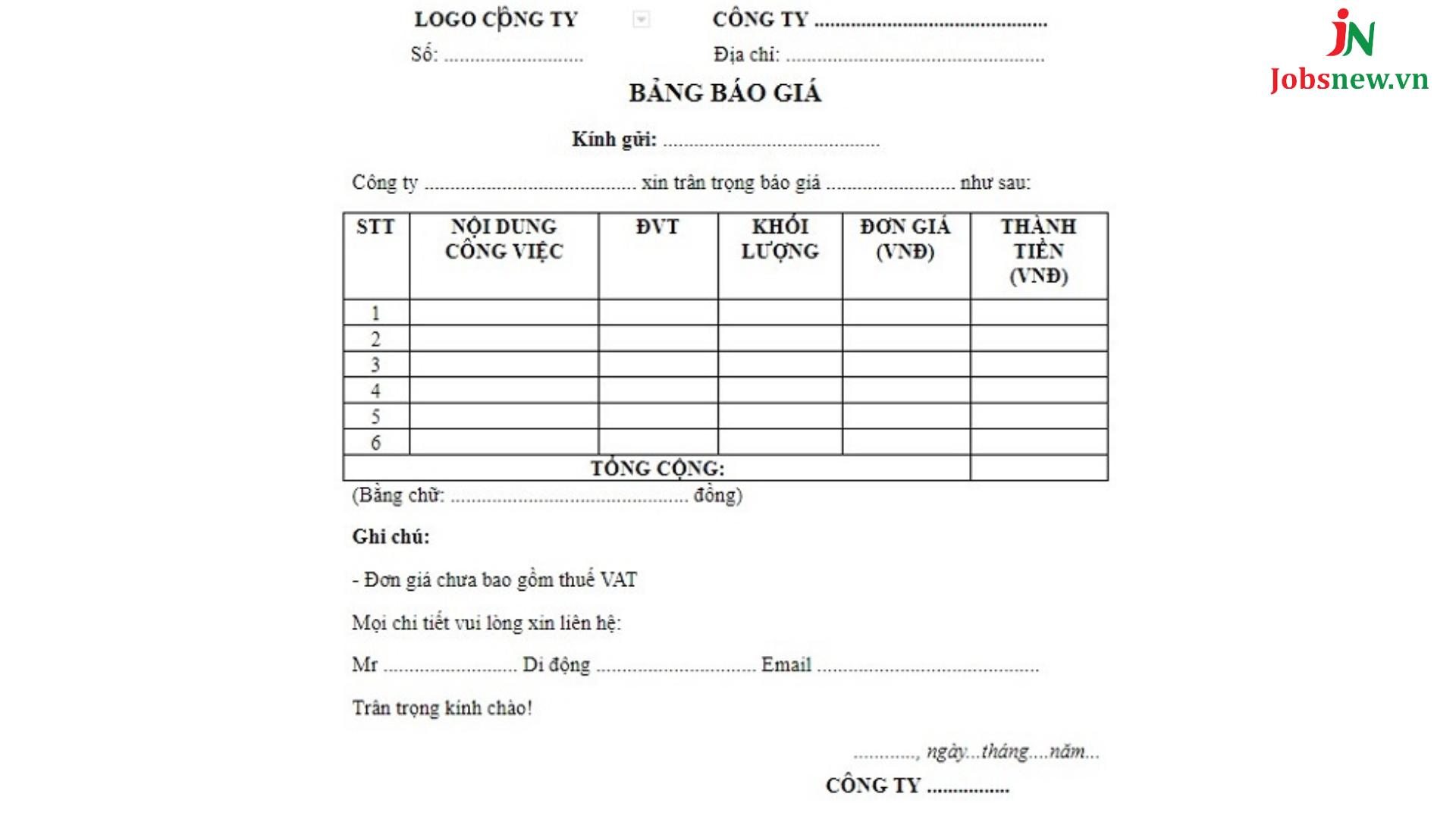 bảng báo giá