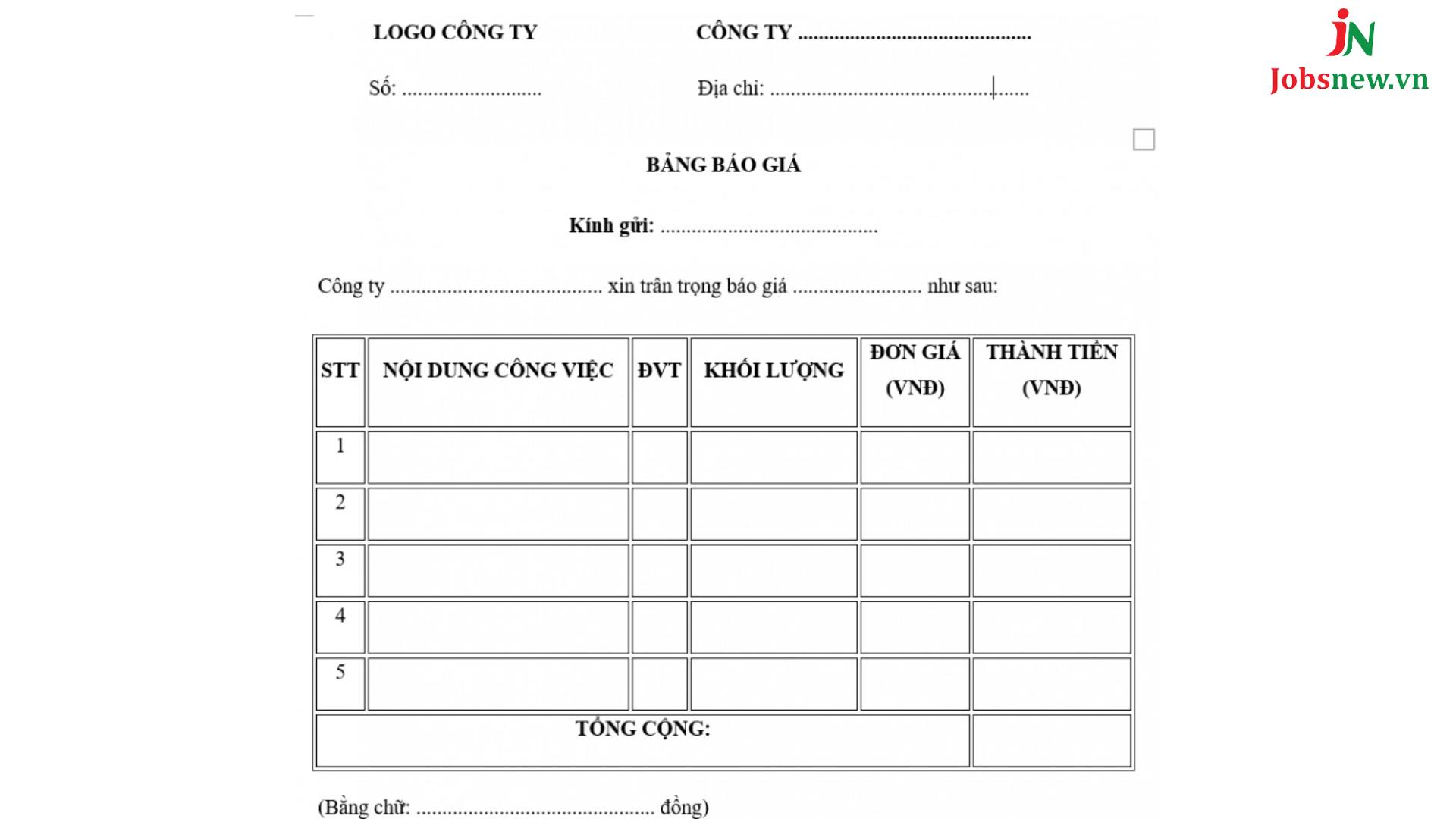 bảng báo giá