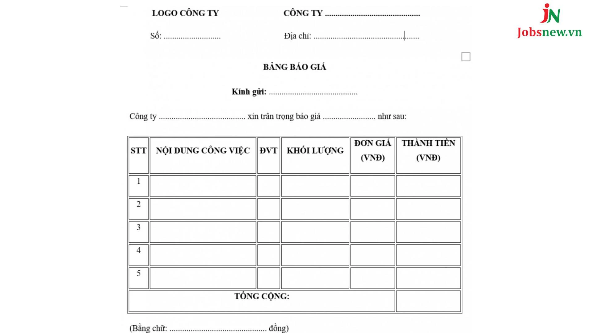 bảng báo giá