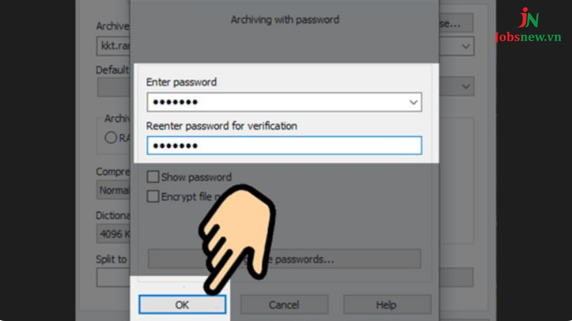 Bước 4: Nhập mật khẩu vào ô Enter password và Reenter password > click OK.