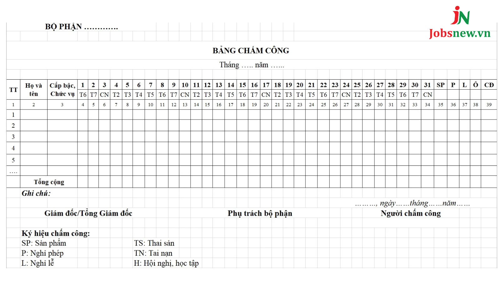 mẫu bảng chấm công