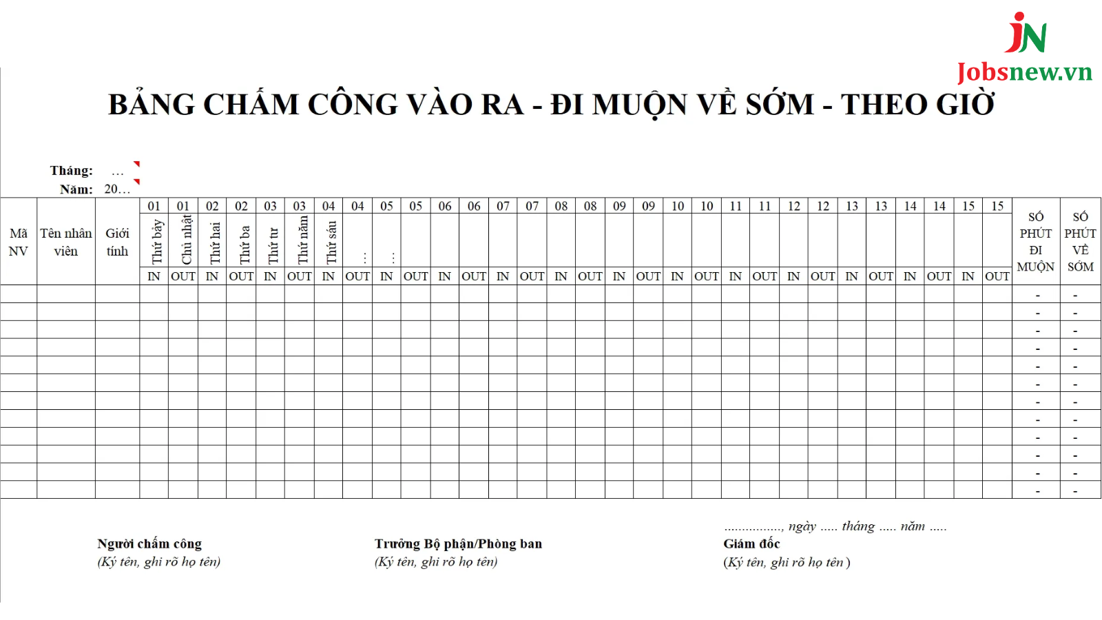 mẫu bảng chấm công