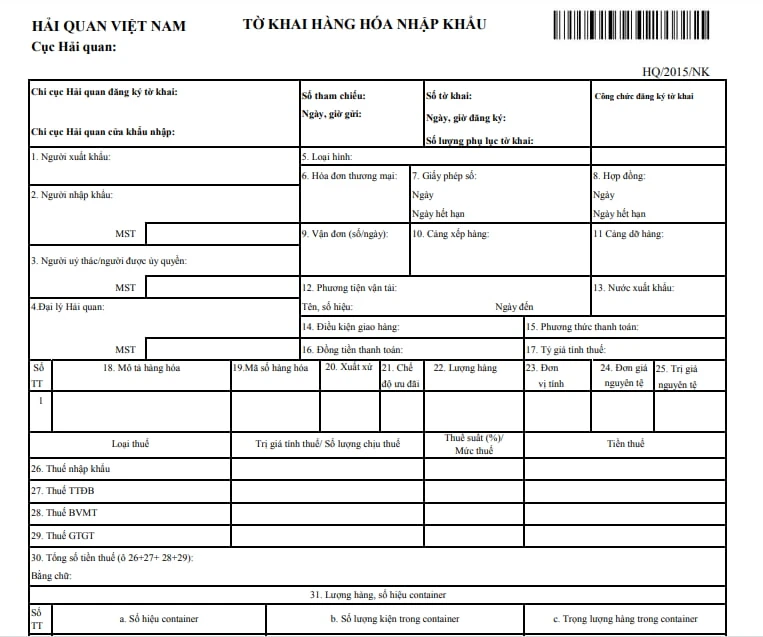 Mẫu khai hải quan