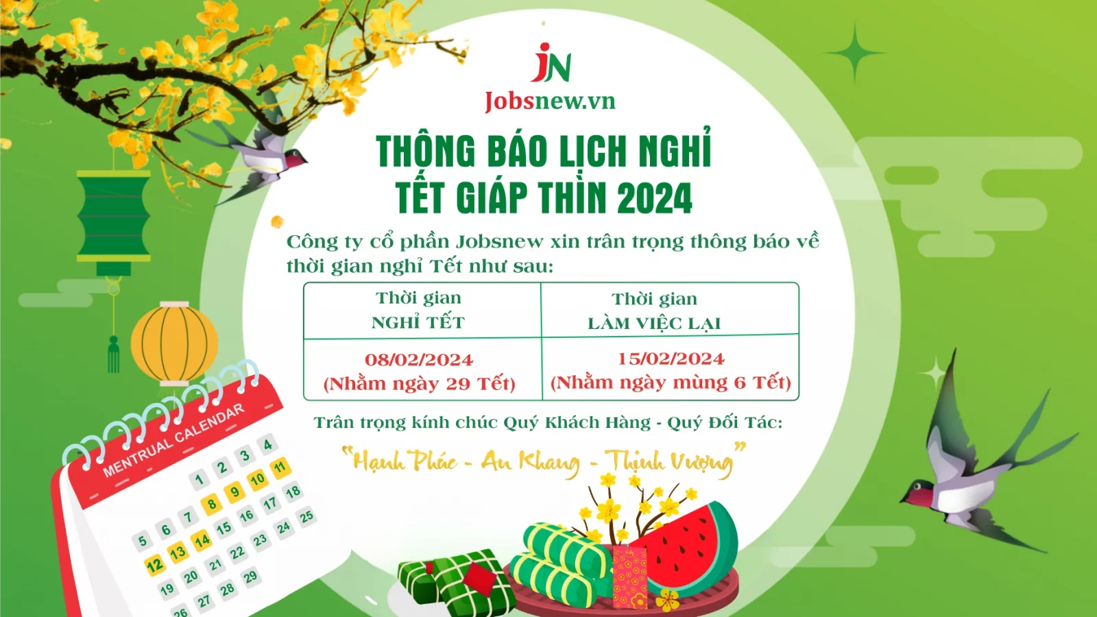 Thông Báo Lịch Nghỉ Tết Nguyên Đán Giáp Thìn Năm 2024